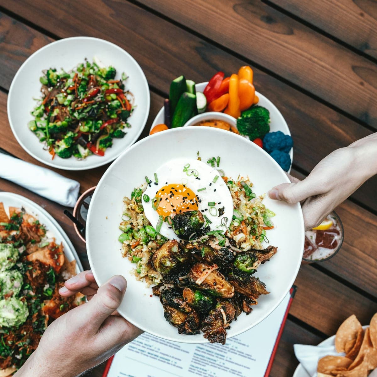 A composed meal plate from above