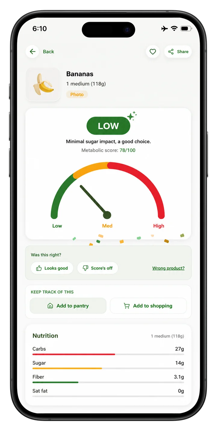 Produce scan result for Bananas — LOW impact, score 78/100